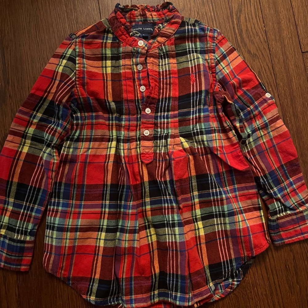 Ralph Lauren girl shirt, size 5, color red with different pattern.